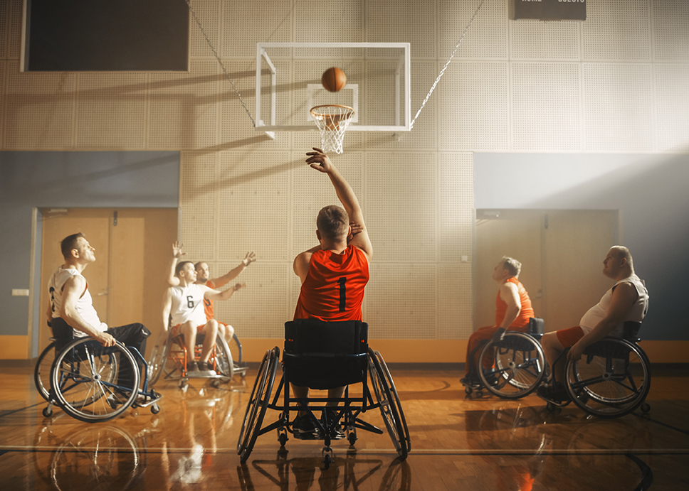 Wheelchair Basketball Game: Professional Players Competing, Dribbling Ball, Passing.